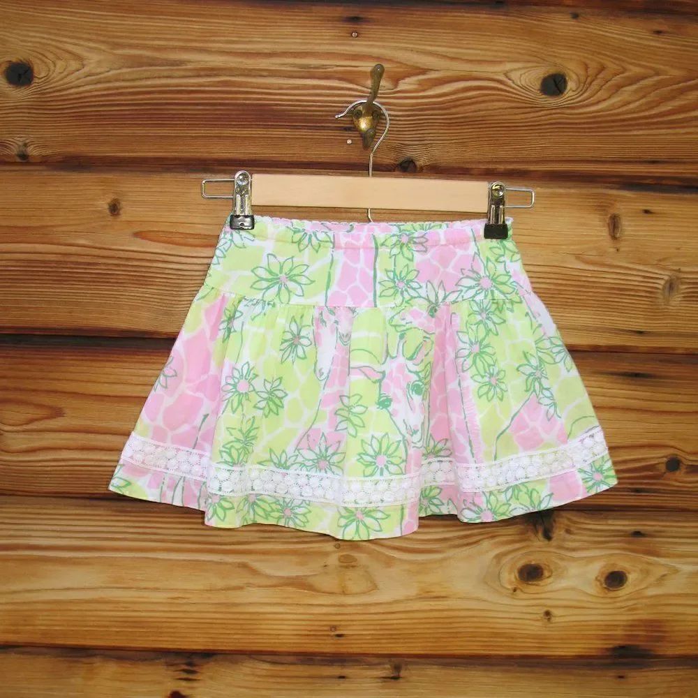 Rare Vintage Lilly Pulitzer Girls Giraffe Print Green Pink Skirt 4